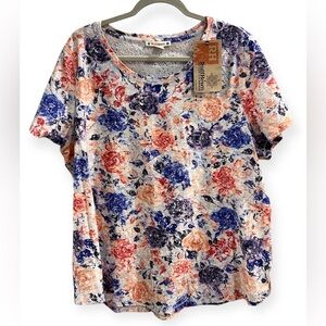 Ruff Hewn Floral Short Sleeve Top - 2x - Rose design - 100% Cotton - NWT